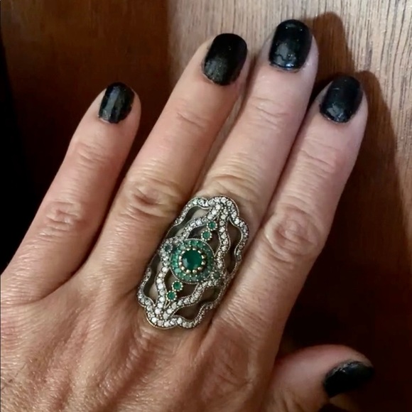 Long Emerald Topaz Silver Antique Style Ring Size 8 - Picture 5 of 6